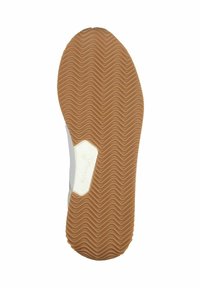 Suola di scarpa in gomma con una texture ondulata; presenta una parte superiore bianca e un logo impressa. La base è di un colore beige chiaro con una forma sagomata.