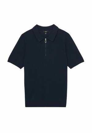 Polo shirt navy cu mânecă scurtă, fabricat dintr-un material moale, cu guler cu fermoar și tiv ribit. Design simplu, cu o siluetă clasică.