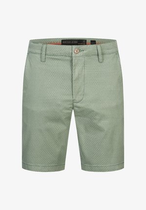 Lysgrønne shorts med et geometrisk mønster, lavet af vævet stof. Har en knaplukning og forlommer.