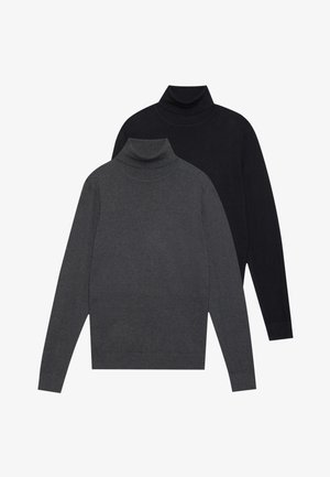 Two folded long-sleeve turtleneck sweaters stacked, front in dark gray and back in black, on a plain white background.