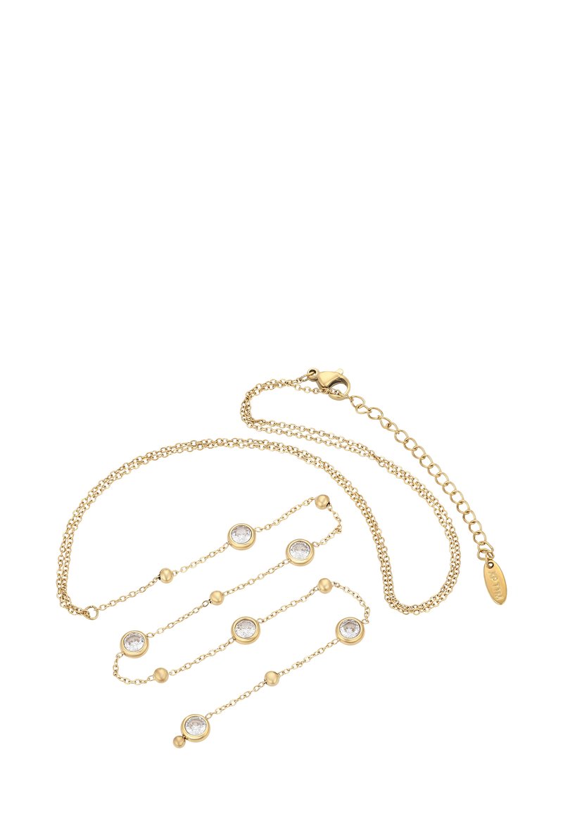 Collana in oro con dettagli in cristallo, con maglie testurizzate e pietre rotonde incastonate in cornici circolari. Chiusura con gancio e catena di prolunga.