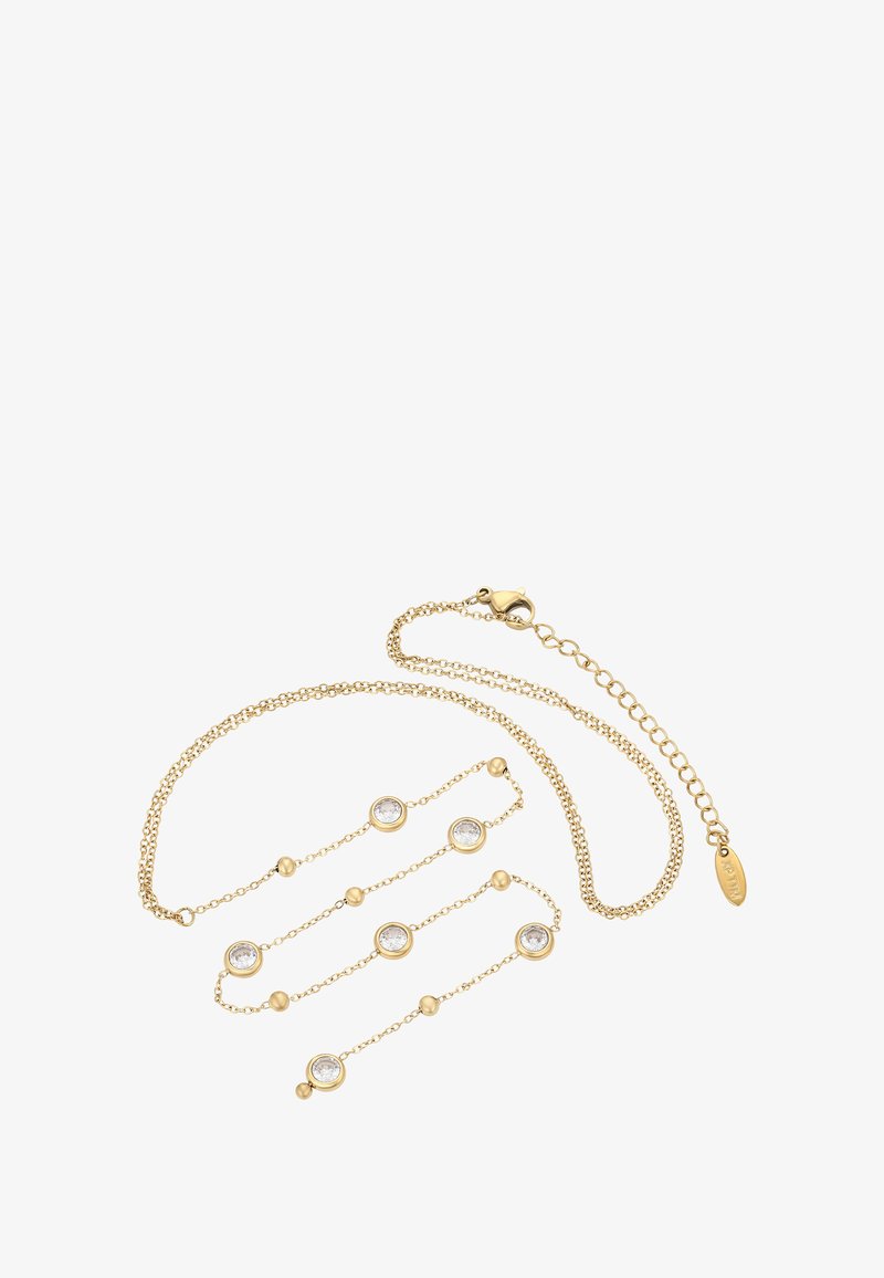 Zlatý řetězový náhrdelník s krystalovými akcenty, s texturovanými články a kulatými kameny zasazenými do kruhových rámů. Zapínání na sponu se prodlužovacím řetízkem.