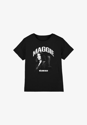Schwarzes T-Shirt mit einem schwarz-weißen Porträt einer Frau, die einen Köcher mit Pfeilen trägt, darunter die Beschriftungen "MAGGIE" und "The Walking Dead".
