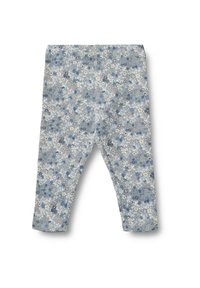 Blå blommiga leggings i mjukt tyg, med ett färgglatt mönster av små blommor och blad, elastisk midja och avsmalnande ben.