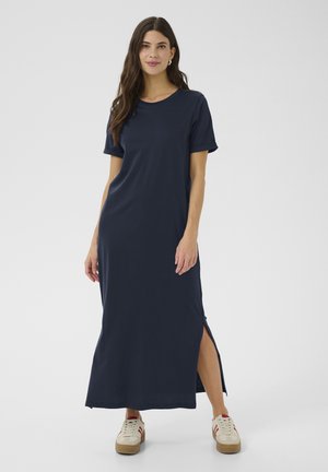 Navy blue maxi dress made of soft cotton, featuring short sleeves, a round neckline, and side slits for ease of movement.