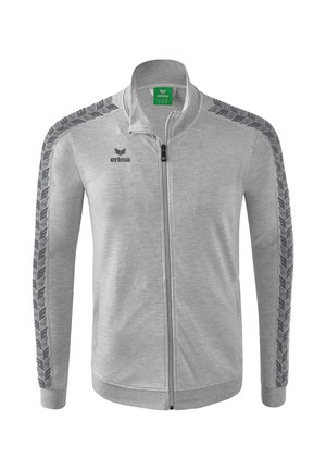 Grijze zip-up jacket van gestructureerde stof, met een hoge kraag en zijstrepen met een patroon. Merkteken aan de bovenlinkerkant.