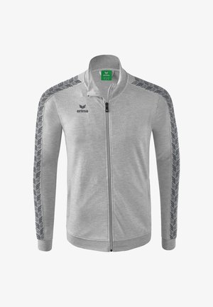 Giacca zip-up grigia con tessuto testurizzato, dotata di colletto alto e strisce laterali con un motivo. Marchio in alto a sinistra.