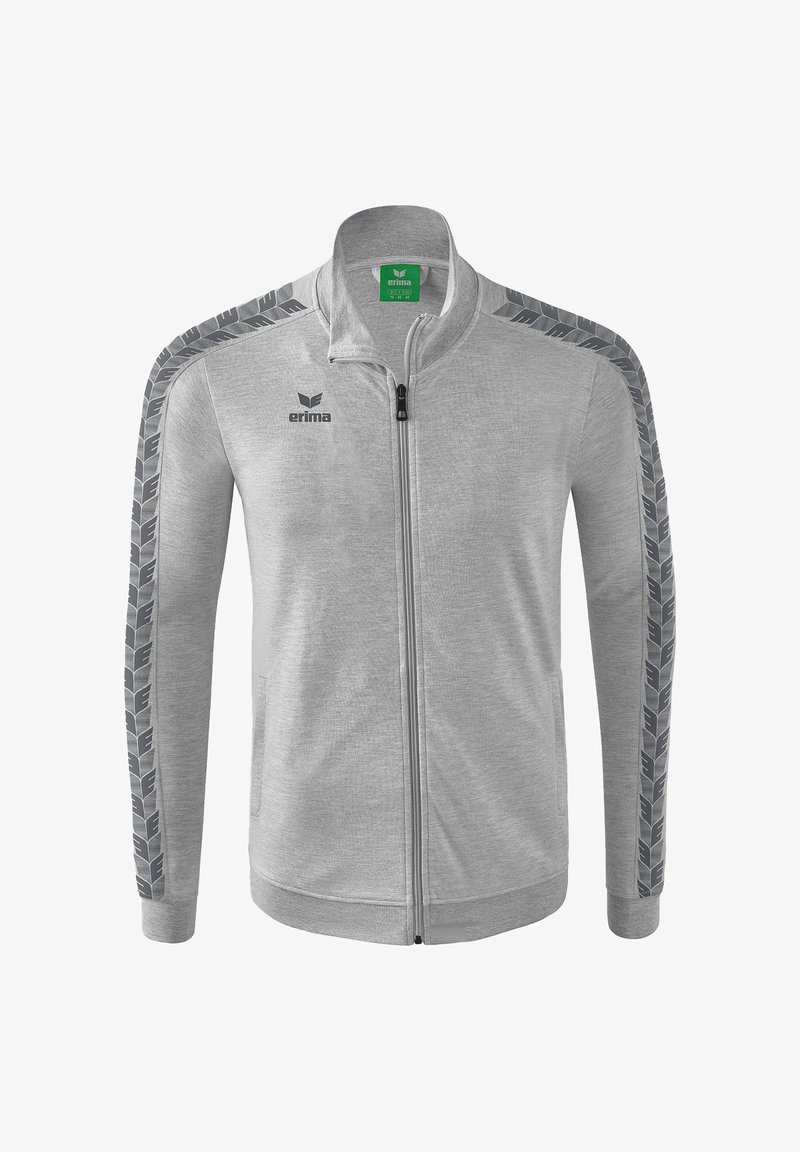Giacca zip-up grigia con tessuto testurizzato, dotata di colletto alto e strisce laterali con un motivo. Marchio in alto a sinistra.