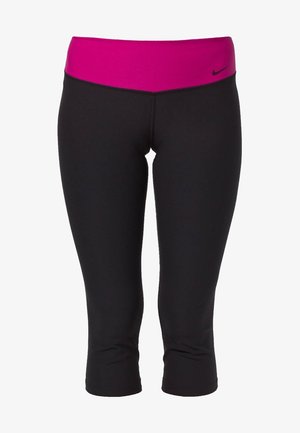 Sorte cropped leggings med en bred, lys pink linning og et lille sort Nike-logo på venstre hofte.