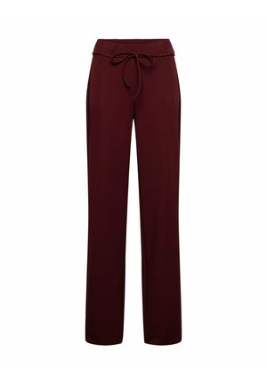 Donkerrode broek met wijde pijpen, elastische taille en trekkoord aan de voorkant, getoond op witte achtergrond.