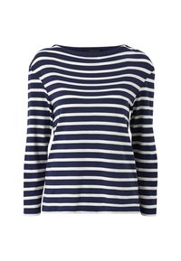 Marineblauw en wit gestreept T-shirt met lange mouwen, een bootkraag en een ontspannen pasvorm, gemaakt van zachte katoen.