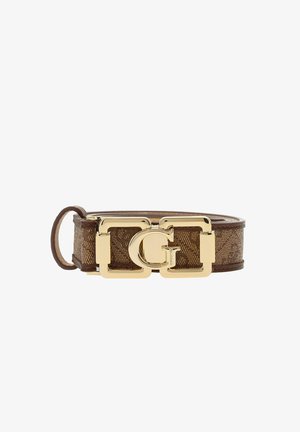 Ceinture marron à motifs avec boucle en métal doré ornée d'un grand logo G entrelacé. Des accents en cuir lisse complètent le design.