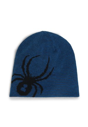 Bonnet en tricot bleu avec un motif de toile d'araignée noire. Le tissu présente un motif texturé avec des rayures horizontales.
