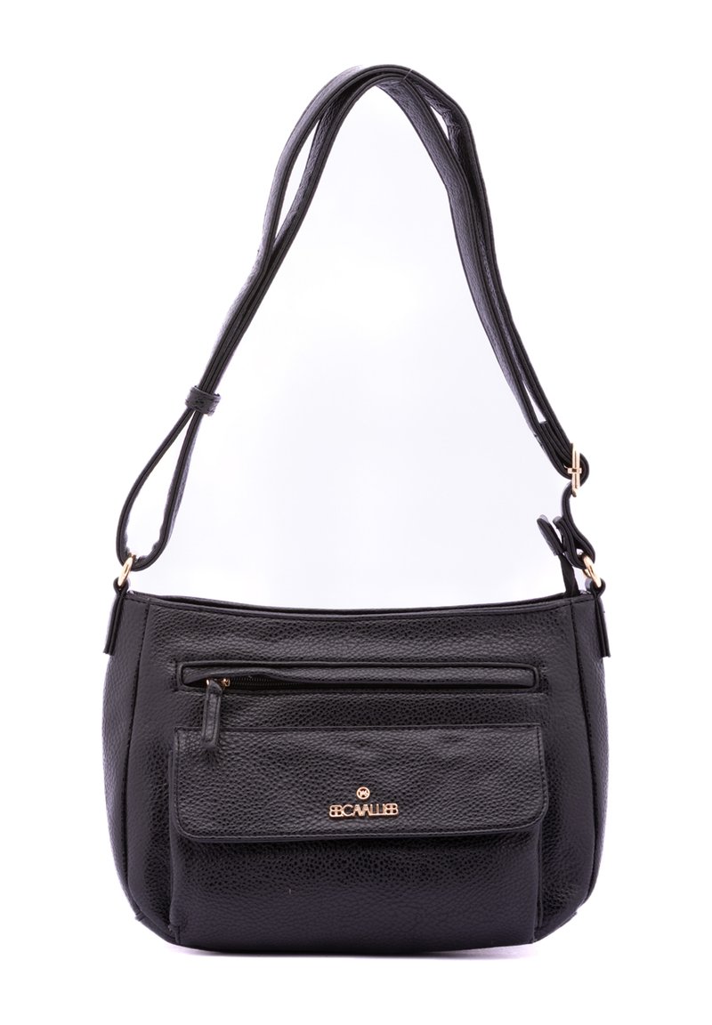 Borsa a tracolla in pelle nera con superficie texture, cucitura regolabile, tasca frontale con zip e accento logo in tonalità oro sulla parte anteriore.