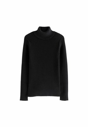 Pull noir à col roulé côtelé avec manches longues et silhouette ajustée sur fond blanc.