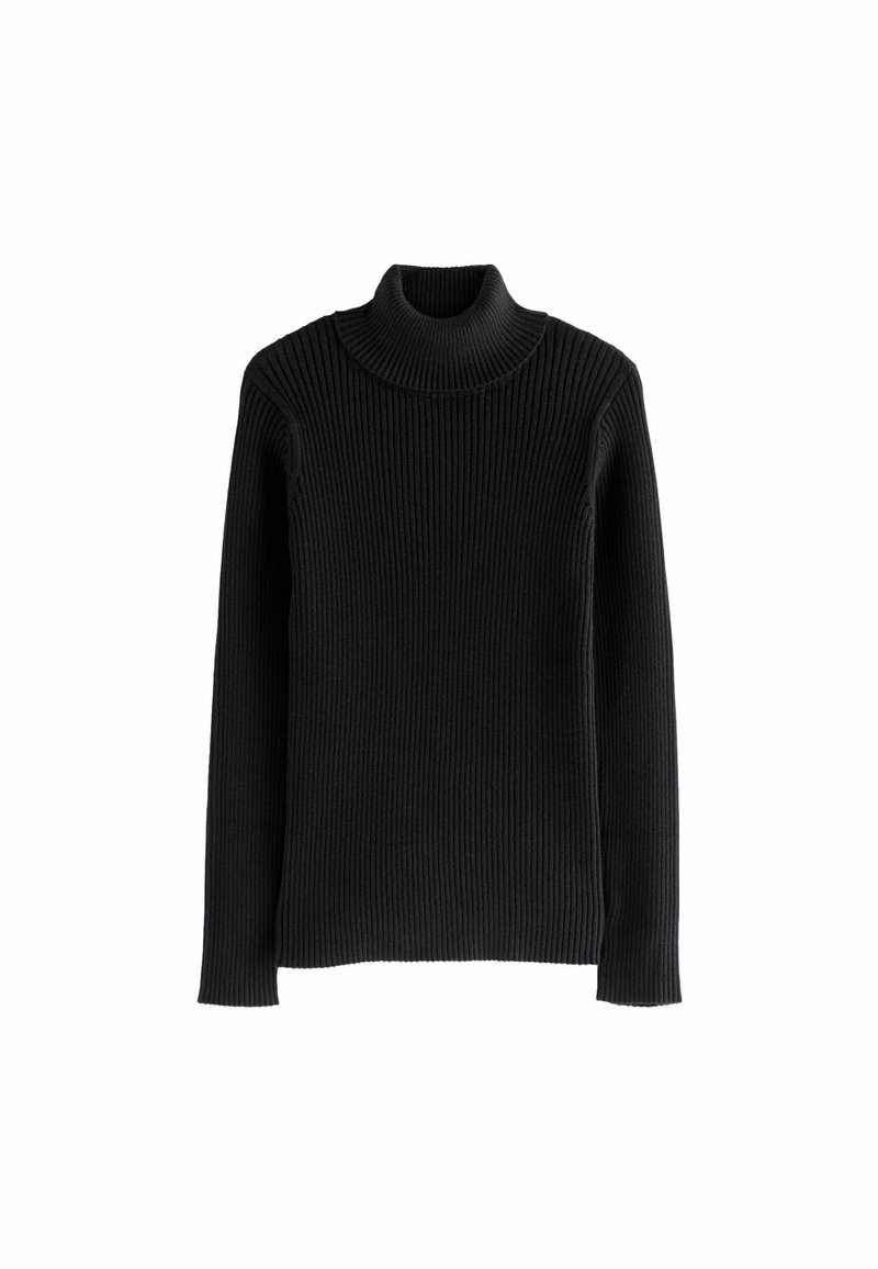 Pull noir à col roulé côtelé avec manches longues et silhouette ajustée sur fond blanc.