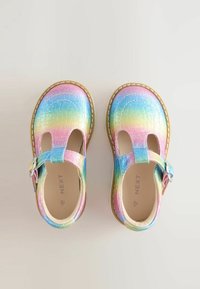 Rainbow-colored, metallic leather shoes with ankle straps, rounded toes, and textured surfaces, featuring a small buckle and contrasting stitching.