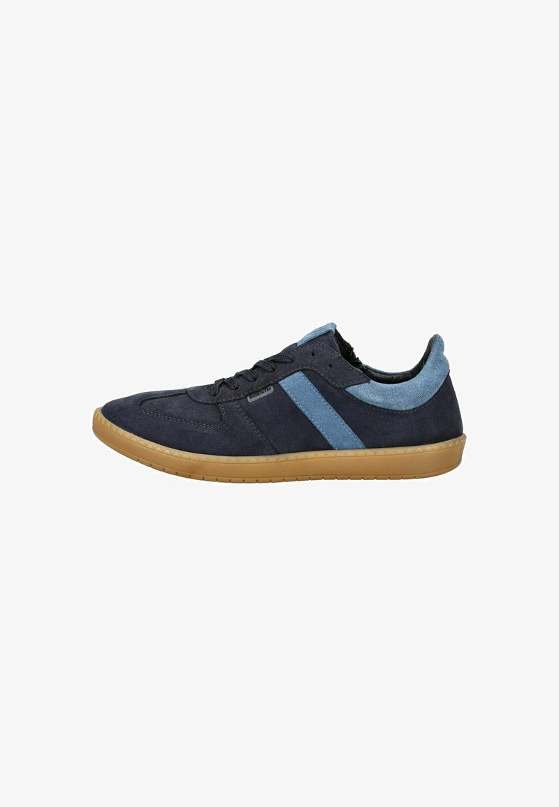 Zapatillas de ante azul marino con acentos en azul claro, con puntera redonda, cierre con cordones y suela de goma beige.