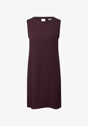 Ärmelloses Kleid in tiefem Burgunderrot, mit einem strukturierten Stoff und einem subtilen Wellenmuster, leicht ausgestellter Schnitt und runder Ausschnitt.