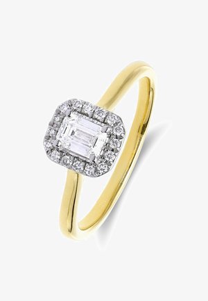 Yellow gold ring featuring a central emerald-cut diamond surrounded by a halo of small round diamonds, both on a smooth band.