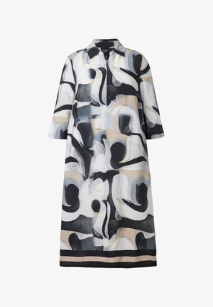 Długi płaszcz z abstrakcyjnymi wzorami w kolorach czarnym, białym, szarym i beżowym, ¾ rękawy i kołnierz.