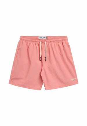 Costume da bagno da uomo rosa corallo con vita elastica, coulisse bianche, tasche laterali e piccolo logo Sebago vicino all'orlo.