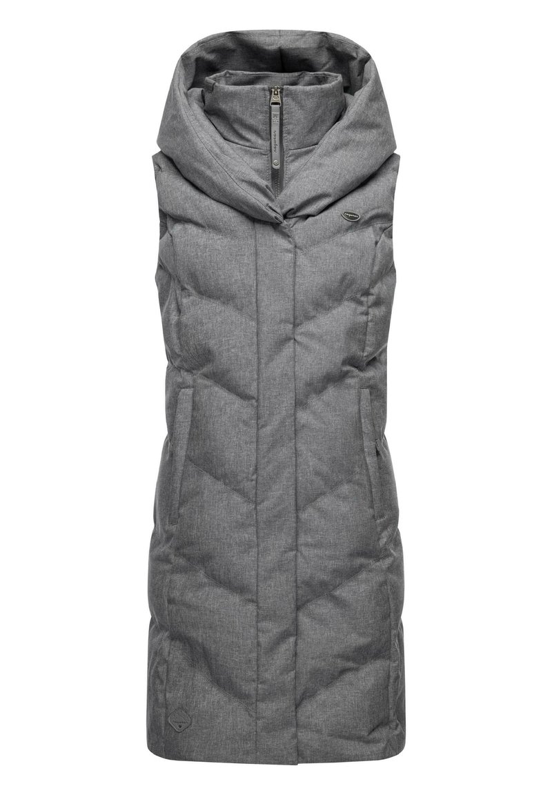 Grå pufferväst med hög krage, zippered fram och sidofickor. Fitted design med quiltad textur och logodetalj.