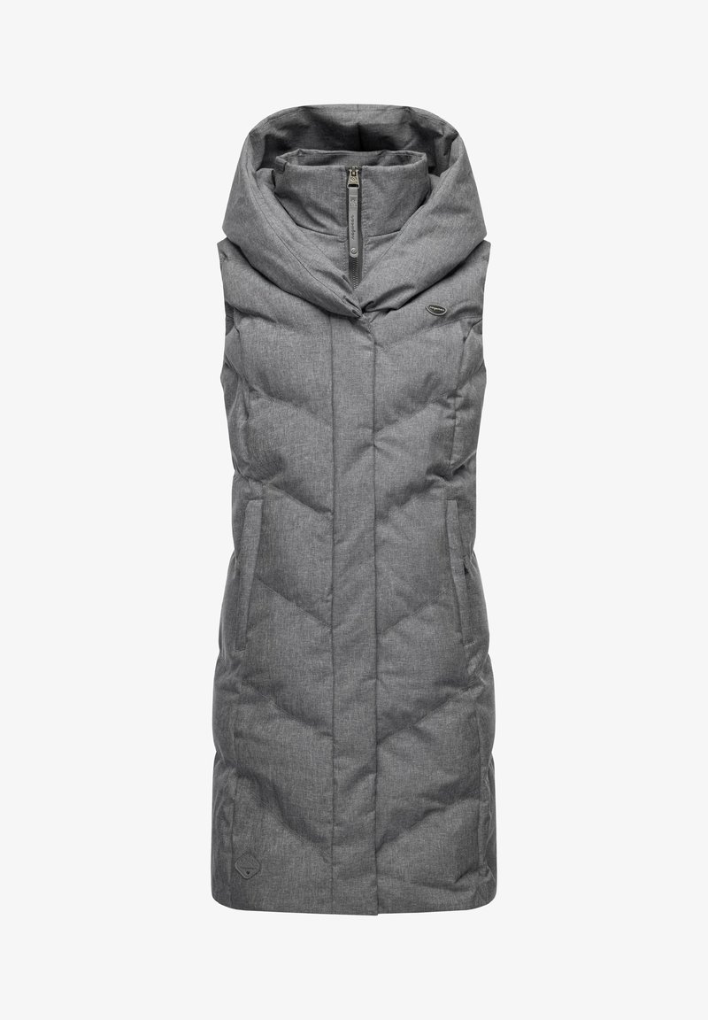 Siv pižama brez rokavov z visokim ovratnikom, z zadrgo spredaj in stranskimi žepi. Prilega se postavi, ima prešito teksturo in detajl z logotipom.