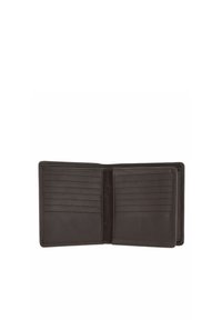 Portefeuille en cuir brun foncé ouvert montrant plusieurs emplacements pour cartes des deux côtés et un compartiment central caché.