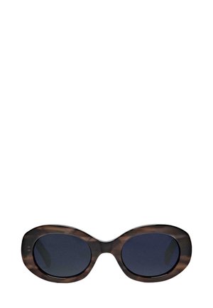 Sunglasses with an oversized oval shape, dark tortoiseshell frame, and dark lenses. Smooth texture with subtle patterns in the frame.
