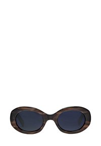 Sunglasses with a tortoiseshell plastic frame, oval shape, dark lenses, and shiny metal accents along the top edge.