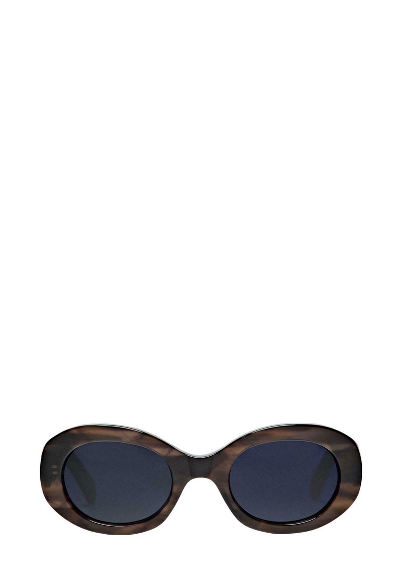 Sunglasses with a tortoiseshell plastic frame, oval shape, dark lenses, and shiny metal accents along the top edge.
