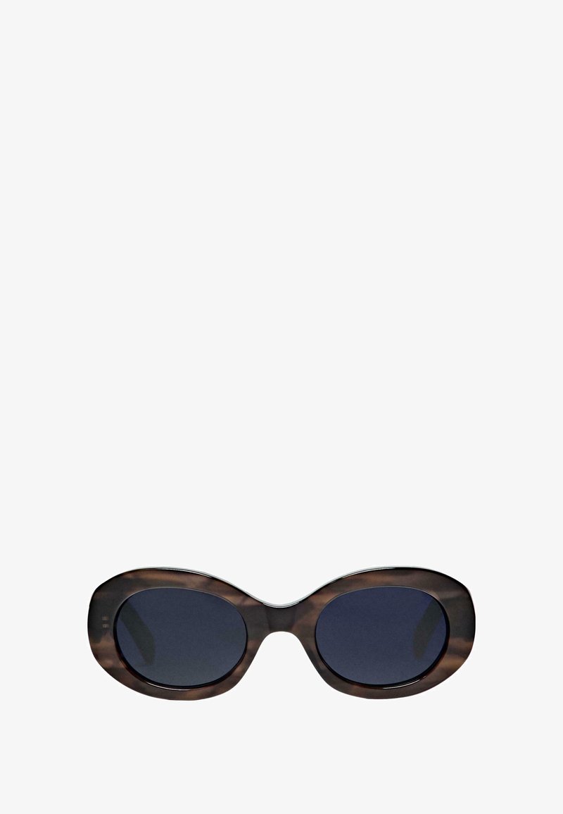 Sunglasses with a tortoiseshell plastic frame, oval shape, dark lenses, and shiny metal accents along the top edge.