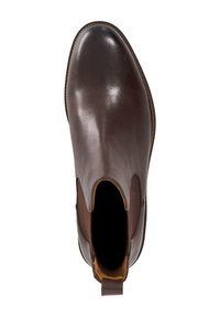 Brown leather Chelsea boot with elastic side panels and a rounded toe. Smooth texture and minimal stitching detail. Loop tab at heel.
