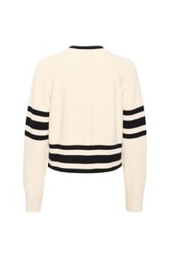 Krämvit tröja med svarta horisontella ränder, kort design, ribbad halsringning och långa ärmar. Mjuk textur och lättstickat material.