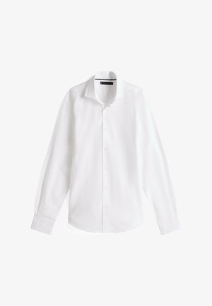 White long-sleeve shirt with a classic collar, button-down front, and soft cotton fabric. Features a smooth texture and subtle sheen.