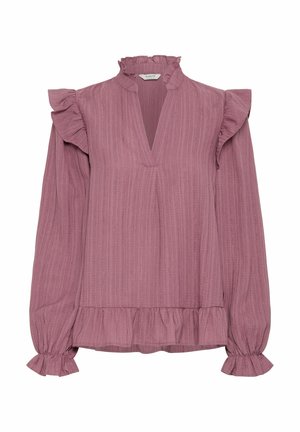 Blusa lavanda con maniche a volant, scollatura a V e tessuto testurizzato. Presenta un orlo e polsini arricciati, offrendo una silhouette morbida.