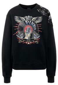 Felpa nera con una stampa grafica di un microfono e uccelli, con un accento in pizzo su una spalla. Materiale in cotone, vestibilità rilassata.