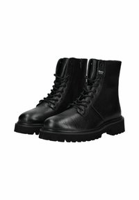 Stivaletti neri in pelle con finitura testurizzata, chiusura con lacci frontale, cerniera laterale e suola in gomma robusta con battistrada profondo.