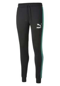 Black sweatpants with a drawstring waistband, featuring a turquoise side stripe and a white Puma logo on the left thigh. Smooth texture.