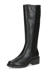 Botas negras hasta la rodilla, hechas de cuero suave con un panel de ante mate, que cuentan con un tacón ancho y una punta redonda. Emblema de logo simple en la parte superior.