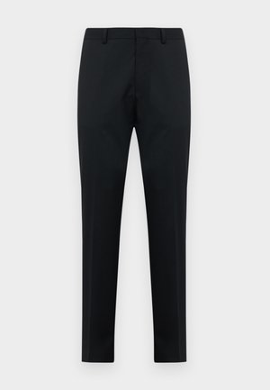 Black tailored men's formal trousers with belt loops, flat front, and straight legs on a white background.