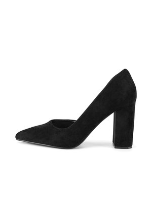 Pantofii eleganți din suede negru cu toc înalt, cu vârful ascuțit și toc gros. Interiorul este neted, subliniind silueta elegantă.