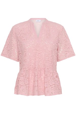 Blusa in pizzo rosa con scollatura a V, maniche corte e orlo a peplum. Motivo floreale con finitura testurizzata, tessuto leggero.