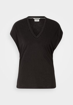 Schwarzes V-Ausschnitt-T-Shirt mit kurzen Ärmeln, das einen lockeren Schnitt und eine leichte, weiche Textur aufweist. Sauberes, schlichtes Design ohne Verzierungen.