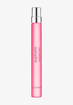 Tall, slender pink spray bottle labeled "euphoria magnetic elixir" by Calvin Klein with a shiny silver cap on a white background.