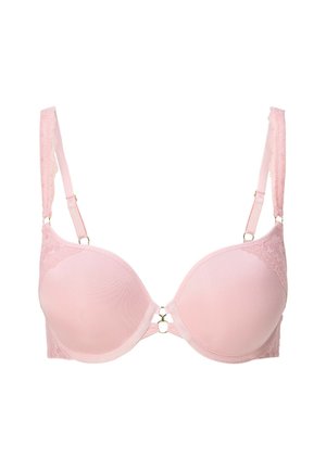 Pink padded bra with lace trim and adjustable straps. Features a circular gold accent at the center. Smooth texture and contoured shape.