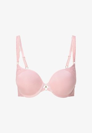 Lyserød polstret bh med blondekant og justerbare stropper. Har en cirkulær guldaccent i midten. Glat tekstur og kontureret form.