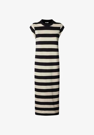 Varrukateta must-valge horisontaalselt triibuline midi-kleit ümar kaelusega ja sirgjoonelise siluetiga.