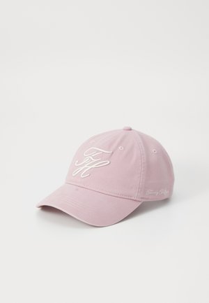 Pink cotton baseball cap with a rounded crown, featuring white embroidered logo on the front and branding on the side. Curved visor.